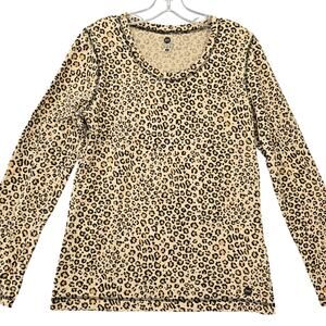 Jones New York Brown Cheetah Shirt Stretch Long Sleeves Tee Scoop Neck Women's L